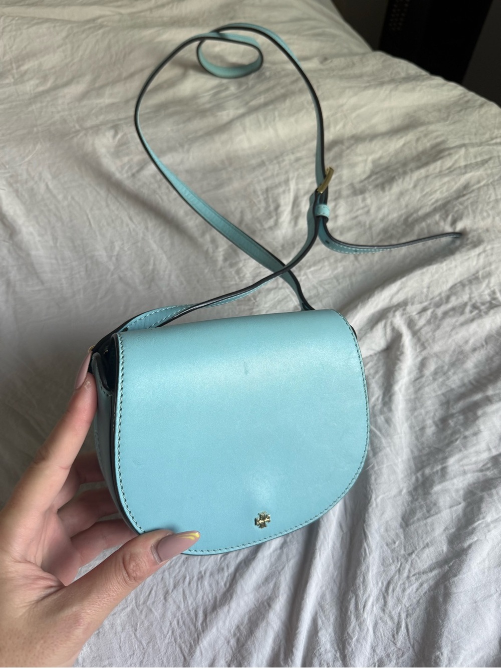 Tory Burch Sky Blue Leather Mini Crossbody Saddle Bag